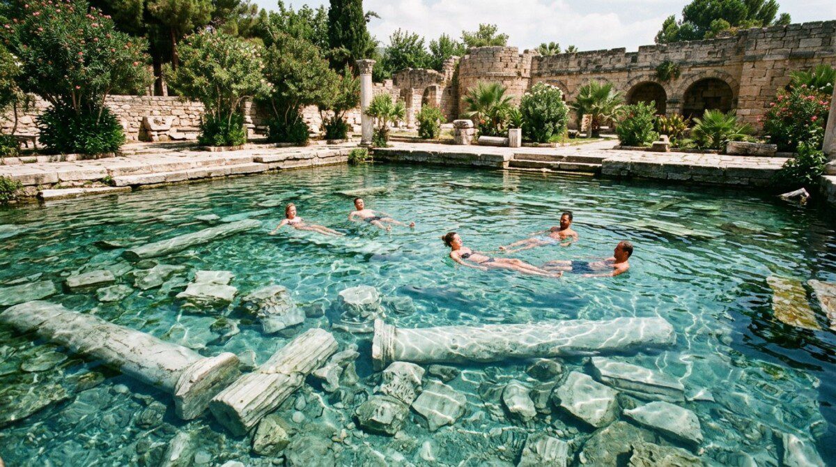Cleopatra Antique Pool submerged Roman marble columns Pamukkale