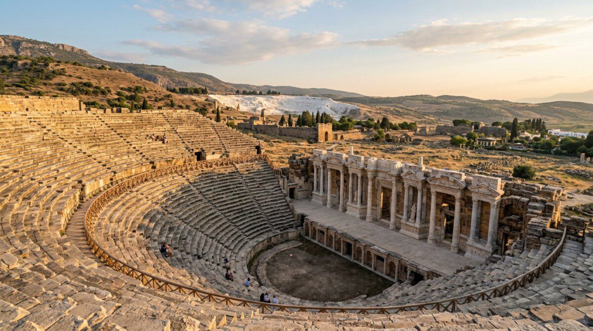 Hierapolis Roman amphitheater above Pamukkale travertines